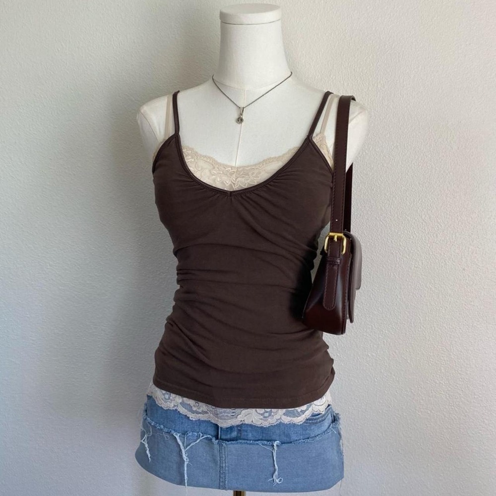 Y2K Energie Brown V Neck Ruched Camisole Shelf Bra Indie Sleaze